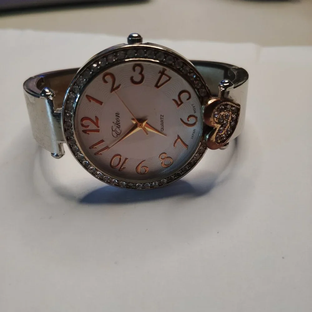 Eikon Women's Silver-Tone Quartz Watch – Rhinestone Bezel & Pave Heart Accent –